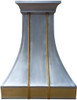 Custom zinc metal range hood with brass apron and straps front view, smooth panels with contrasting brass band and riveted details