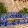 Built-in bench with blanters with blue and white Mexican tiles