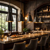 French inspired brass bell pendant lamp lighting a long table in a wine bar with wood tops and dim ambient glow