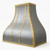 Handcrafted brushed zinc range hood with brass straps side view