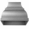 Hammered zinc bell range hood with band and boxed apron underside view showing open insert-ready interior