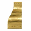 Gold brass range hood with polished rivets, flat back, and curved profile for wall-mount installation