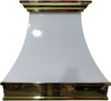 Painted white metal range hood with brass detailing front view, glossy white canopy with polished brass trim and crown molding