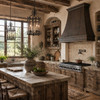 Antique copper bell range hood in Rustic European kitchen with reclaimed timber, stone counters and wide-plank floors
