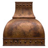 Hand-hammered dome canopy copper range hood with natural fired patina and riveted apron
