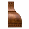 Hand-hammered dome canopy copper range hood side view with natural fired patina and riveted apron