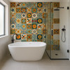 Bathroom shower wall decorated with Mexican 10 tile pattern mix