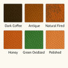 Dark coffee, antique, rustic natural, honey, green and polished patina available for a gently hammered copper range hood