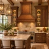 Lightly hammered copper range hood featured in a country estate kitchen with natural wood