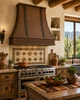 Flared copper range hood with iron straps in a Southwestern kitchen with plaster, natural wood, and patterned tile