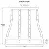 Front elevation drawing of dome sweep hammered copper range hood with proportional width, height, apron, straps and rivets