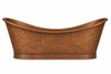 Hand hammered double slipper copper bathtub for two, side view with antique patina and symmetrical raised ends