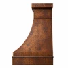 Round-hammered trapezoid copper range hood with extended apron and antique patina, side view
