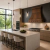 Round-hammered trapezoid copper range hood in modern kitchen with flat-panel cabinets and quiet stone surfaces