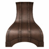 Front view of hammered copper range hood in coffee patina with riveted straps and arched apron on white background