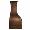 Profile view of hammered copper range hood with coffee patina, curved bell silhouette, side straps and straight apron band