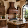 Large Mexican Hacienda kitchen with arched copper range hood, carved wood cabinets, tile backsplash and garden window