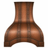 Front view of soft hand-hammered copper range hood with antique patina, riveted straps and arched apron