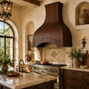 Old-World Mediterranean kitchen with dome arched copper range hood, stone backsplash, wood cabinets and tall sunlit window