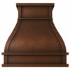 Tuscan copper range hood with hammered coffee patina, curved body, squared chimney, and wide trim bands