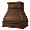 Angled Tuscan copper range hood with hammered coffee patina, curved body, and wide trim bands
