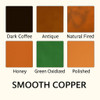 Smooth copper range hood with a horse six optional patina swatches in smooth in coffee, antique, natural, honey, green or hand-polished finish