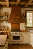 Copper range hood with a horse in a farmhouse kitchen