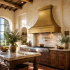 36-inch Brass range hood with flared silhouette in a Tuscan style kitchen