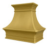 Angled view of brushed brass range hood showing its classic crown molding and apron detail