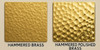 Finish swatches for hammered brushed brass range hood, showing natural and polished options