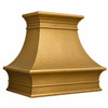 Angled  view of brushed and hand-hammered brass range hood with classic crown molding