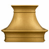 Front view of brushed and hand-hammered brass range hood with classic crown molding