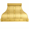 Hammered brass range hood with riveted straps and trapezoid silhouette front view on white background, planished brass finish with decorative rivets and vertical straps