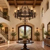 California mission forged iron chandelier displayed in a grand hacienda style entryway