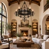California mission forged iron chandelier in a traditional Spanish style living room