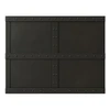Industrial style rectangular black zinc range hood, front view with riveted straps and geometric panel design