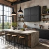 Industrial style rectangular black zinc range hood in bright loft kitchen with brick, steel windows, concrete and timber
