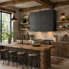 Industrial style rectangular black zinc range hood in modern rustic kitchen with natural stone and aged wood