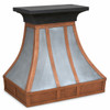 Discounted zinc range hood with copper apron angled view, real handcrafted hood with polished zinc body, copper trim band and tapered canopy profile