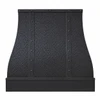 Dark dome hammered zinc range hood for rustic kitchen with curved silhouette, straps, and rivets farmhouse style