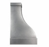 Side profile of a hammered zinc bell range hood with riveted edge and curved apron bottom on white