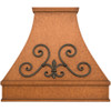 Spanish style copper range hood with forged iron scrollwork front view on white background, hammered copper canopy with decorative iron apron and handcrafted patina finish