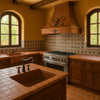 Spanish style copper range hood with forged iron scrollwork in Hacienda kitchen, hammered copper canopy above rustic cabinetry, stone walls and traditional architectural details
