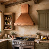 Tuscan kitchen with hand hammered honey copper chimney range hood and warm plaster walls