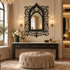 Gothic Revival wrought iron mirror with handmade displayed in a luxury dressing room