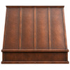 Double-beam under-cabinet copper range hood with rib straps features,  rectangular front elevation and steep sloping profile
