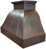 Side view of hand hammered bell-shaped copper range hood with coffee patina and grape vine apron on white background