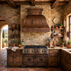 Hand hammered bell copper range hood in Tuscan villa kitchen with stone walls, terracotta tile, rustic wood cabinets, and exposed beam ceiling
