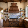 Bell-shaped copper range hood with coffee patina in French country kitchen featuring limestone walls, blue and white tile, and rustic wood cabinetry