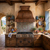 Hand hammered in Mexico bell-shaped copper range hood with grape vine motif in old-world Mediterranean kitchen with stone walls and travertine accents